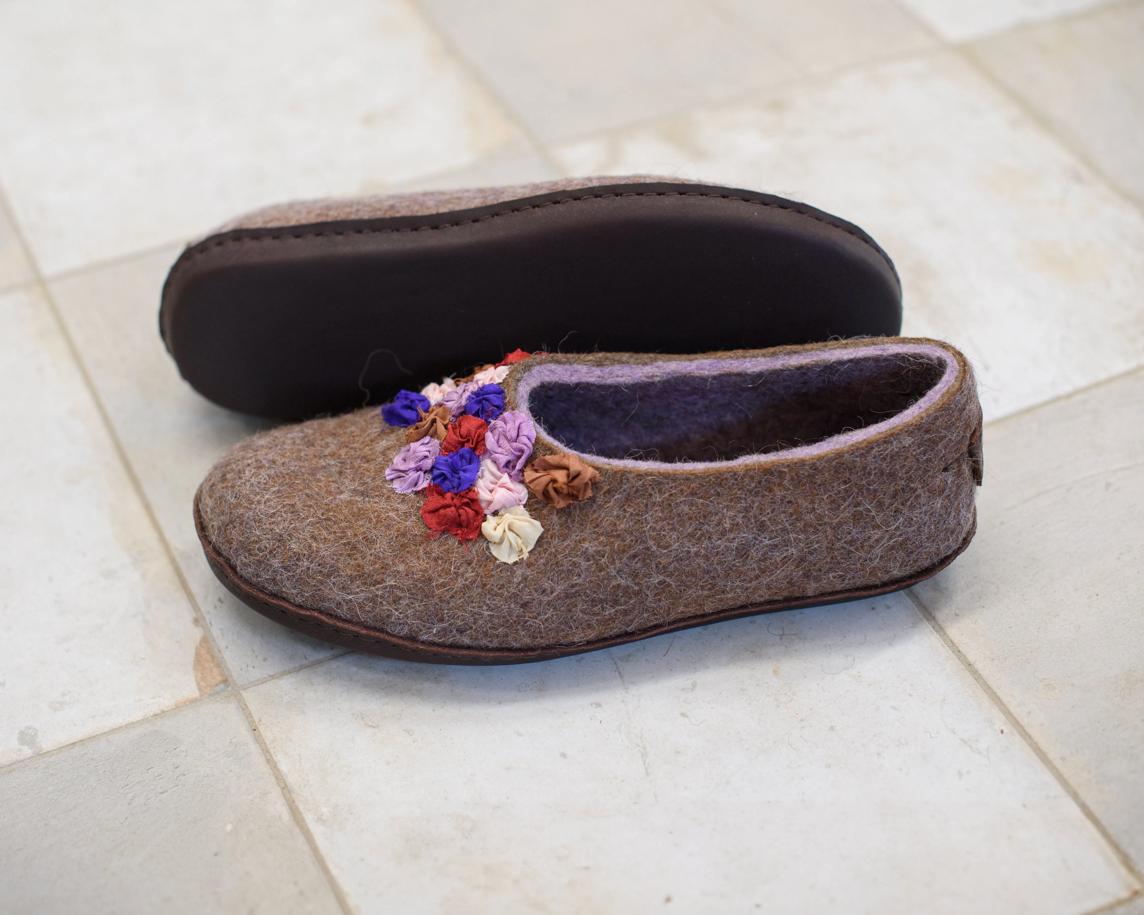 Purple/Brown SILK and Alpaca - felted wool house slippers for women