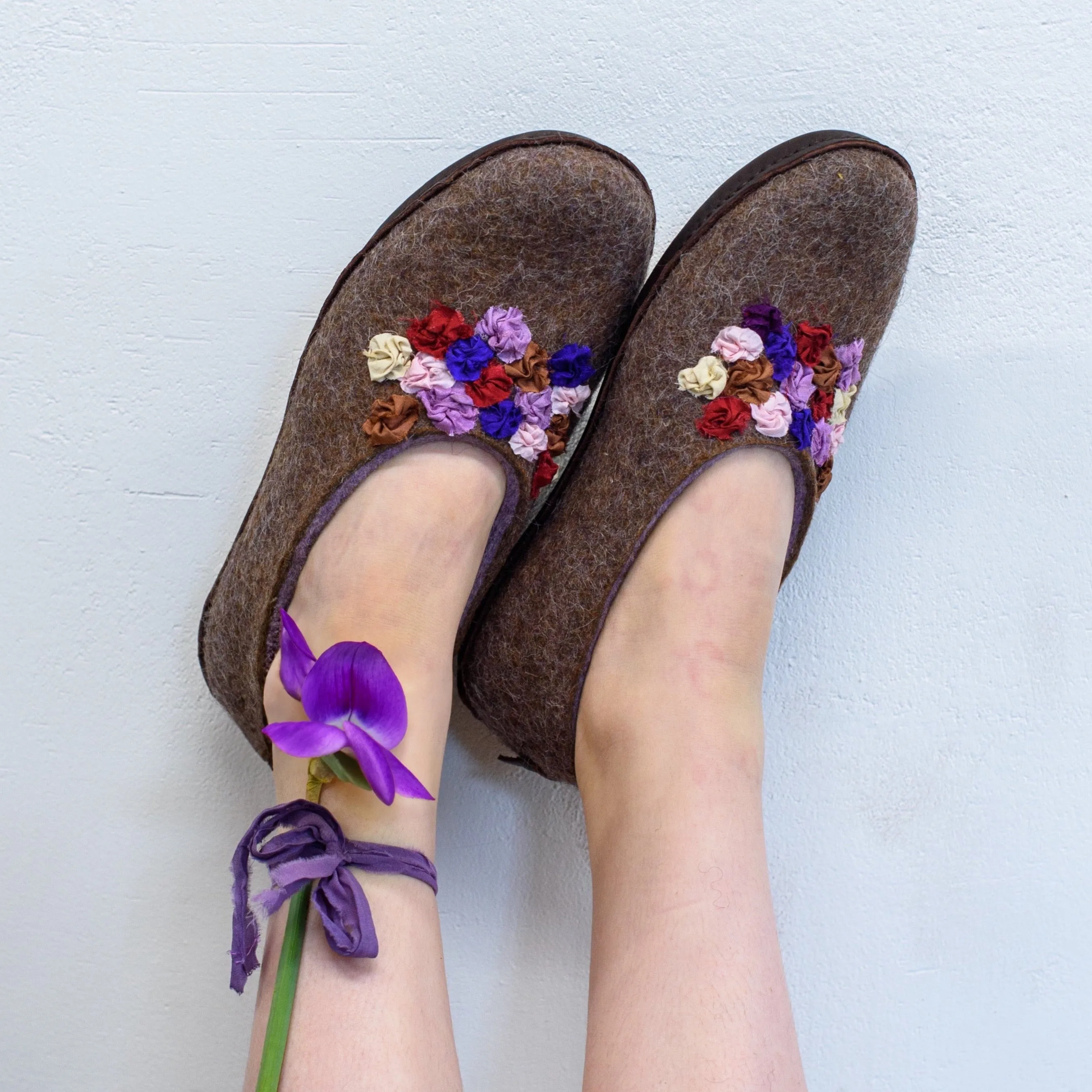 Purple/Brown SILK and Alpaca - felted wool house slippers for women