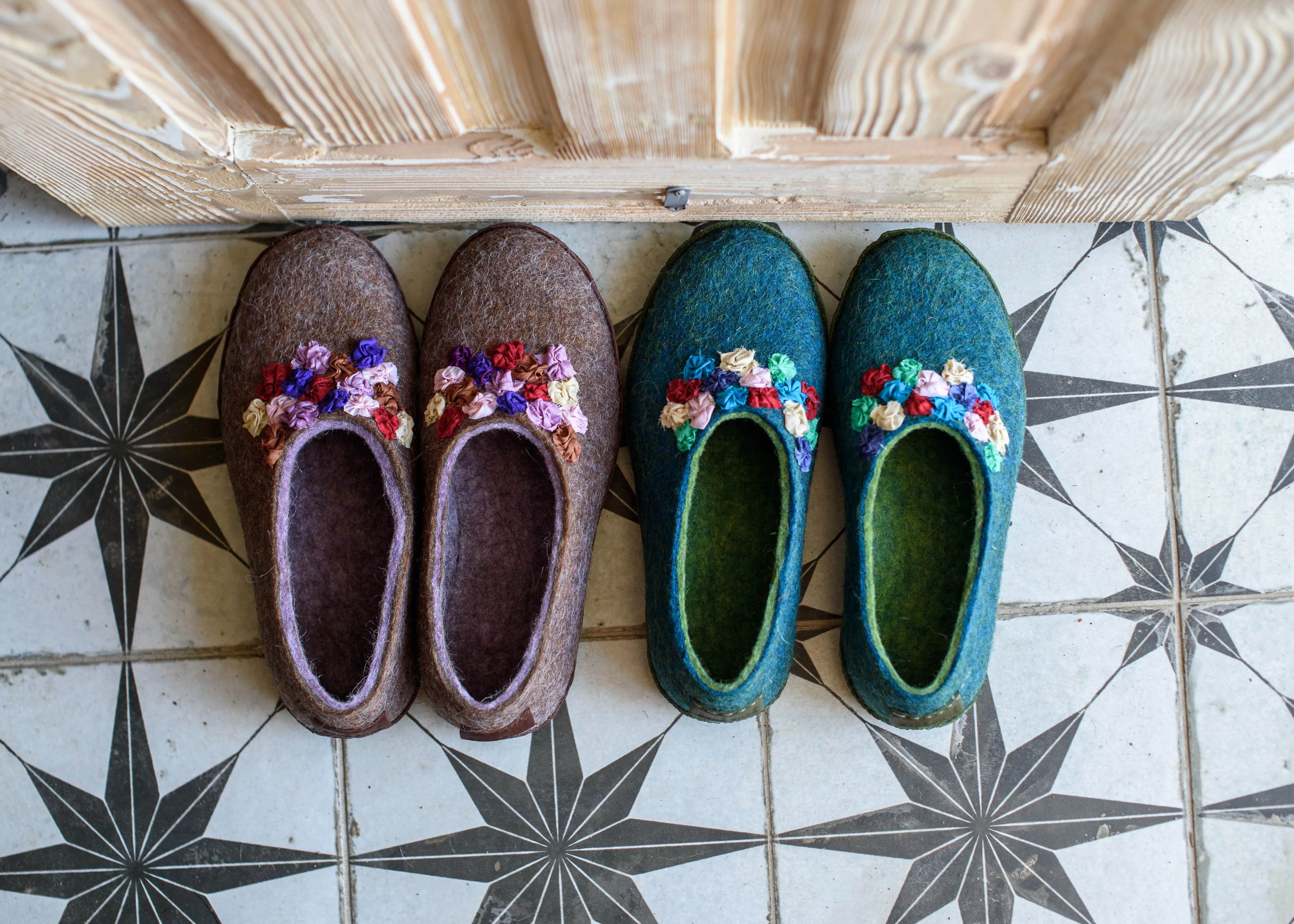 Purple/Brown SILK and Alpaca - felted wool house slippers for women