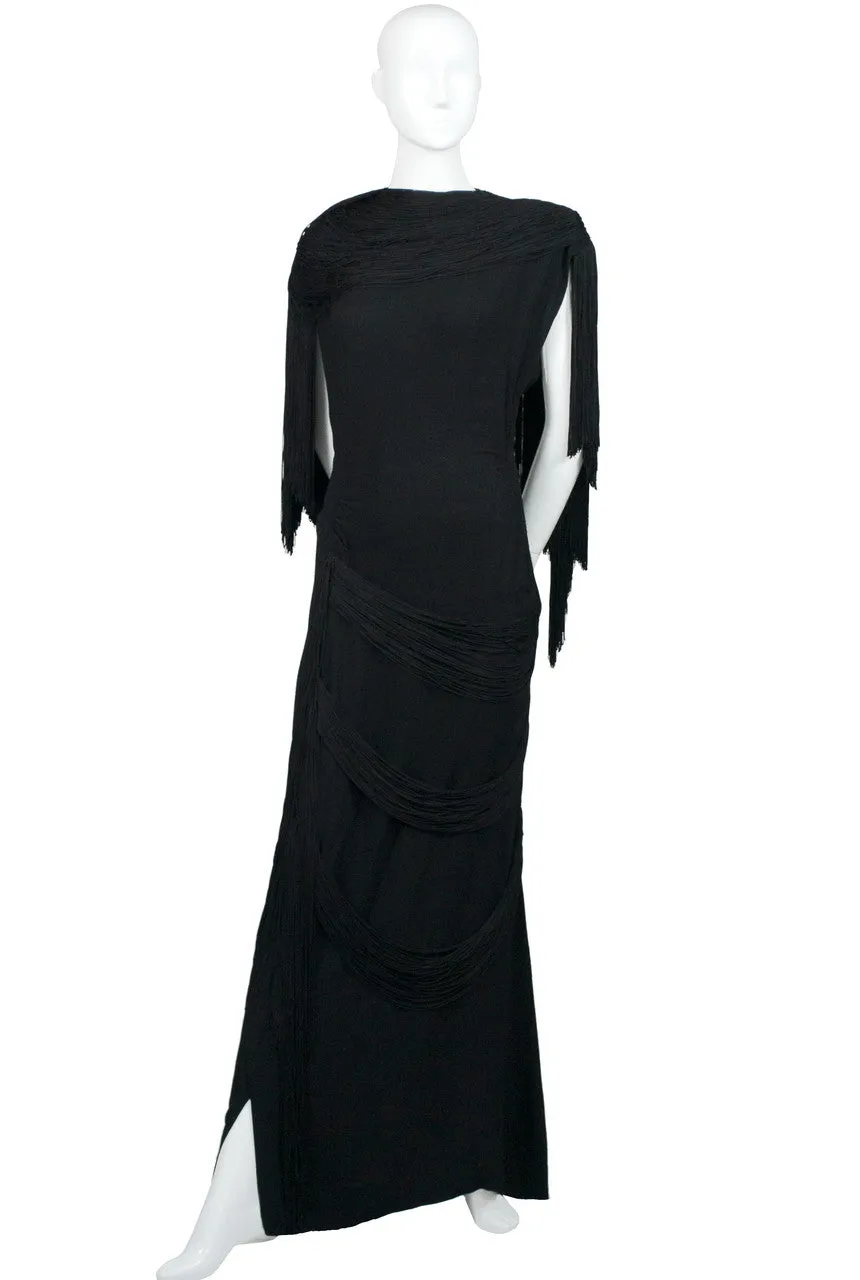 Rare Gilbert Adrian Custom Label Black Vintage Evening Gown with Silk Fringe