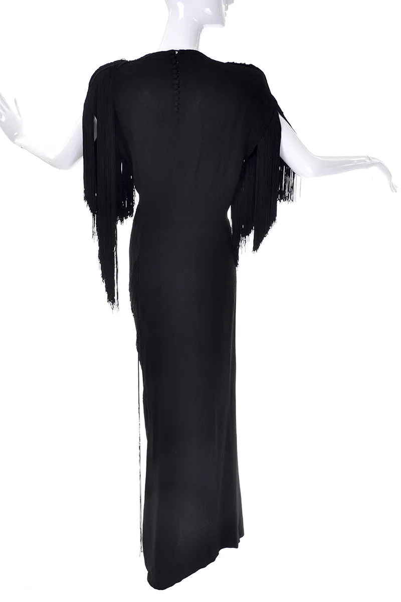 Rare Gilbert Adrian Custom Label Black Vintage Evening Gown with Silk Fringe