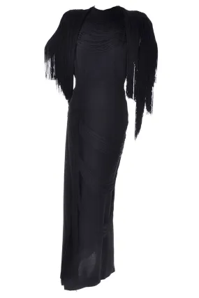 Rare Gilbert Adrian Custom Label Black Vintage Evening Gown with Silk Fringe