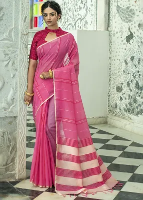 Raspberry Pink Linen Saree having Zari Woven Stripes