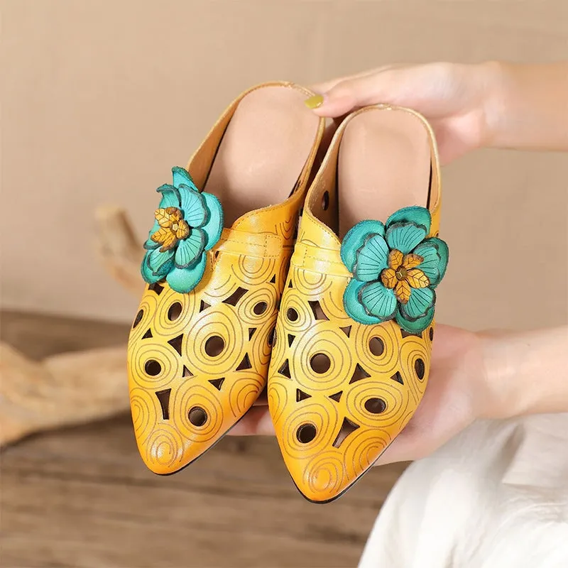 Retro Style Leather Pointed-Toe Slippers For Women Block Heels With Flowers Details in Camel