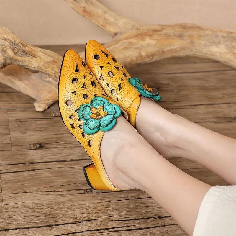 Retro Style Leather Pointed-Toe Slippers For Women Block Heels With Flowers Details in Camel