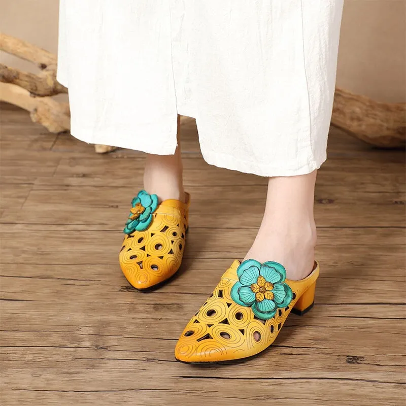 Retro Style Leather Pointed-Toe Slippers For Women Block Heels With Flowers Details in Camel