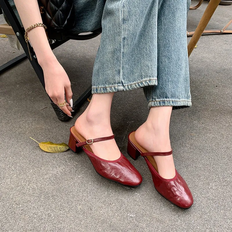 Retro Style Leather Round Toe Mules For Women Block Heels in Black/Brown/Red