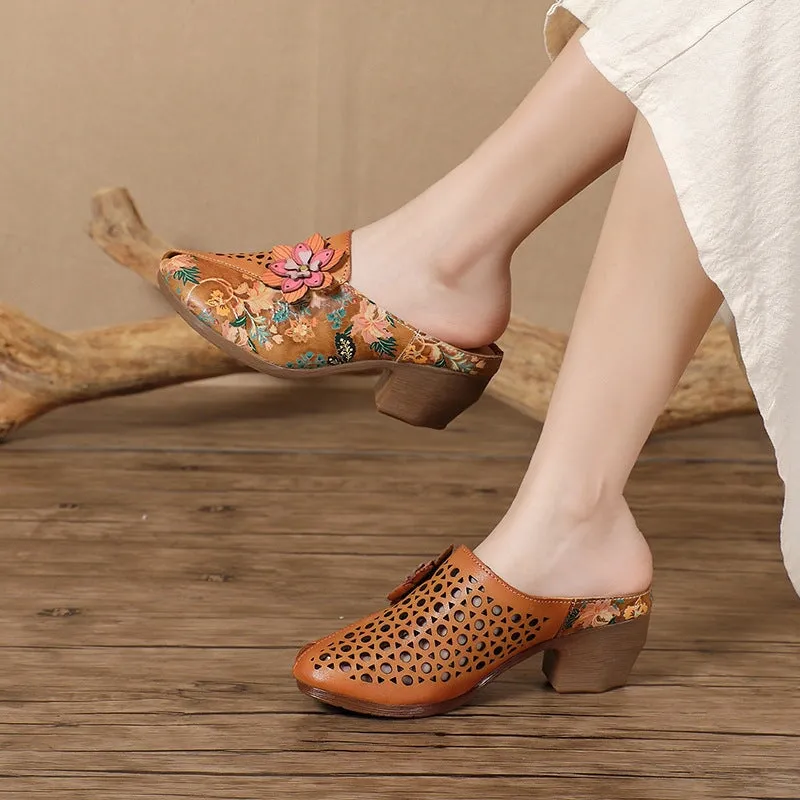 Retro Style Printing Leather Round Toe Mules For Women Block Heel in Camel/Blue