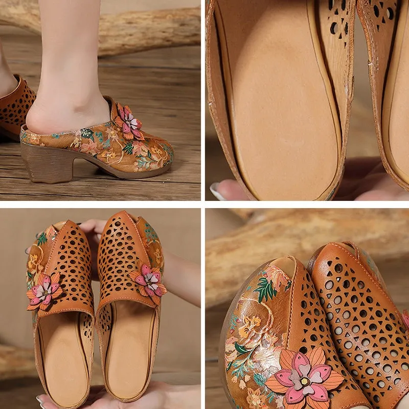 Retro Style Printing Leather Round Toe Mules For Women Block Heel in Camel/Blue