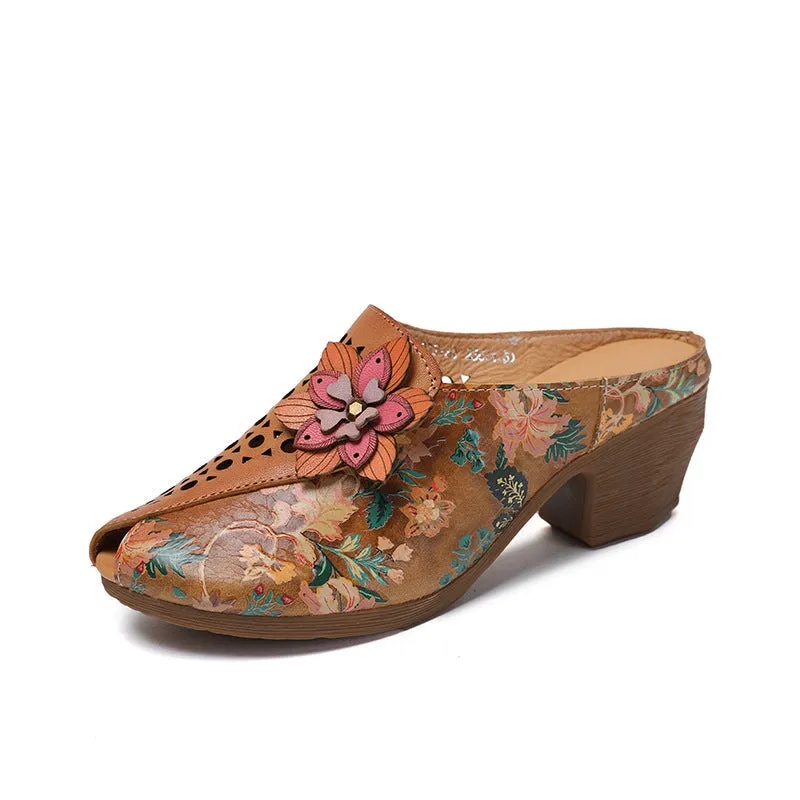 Retro Style Printing Leather Round Toe Mules For Women Block Heel in Camel/Blue