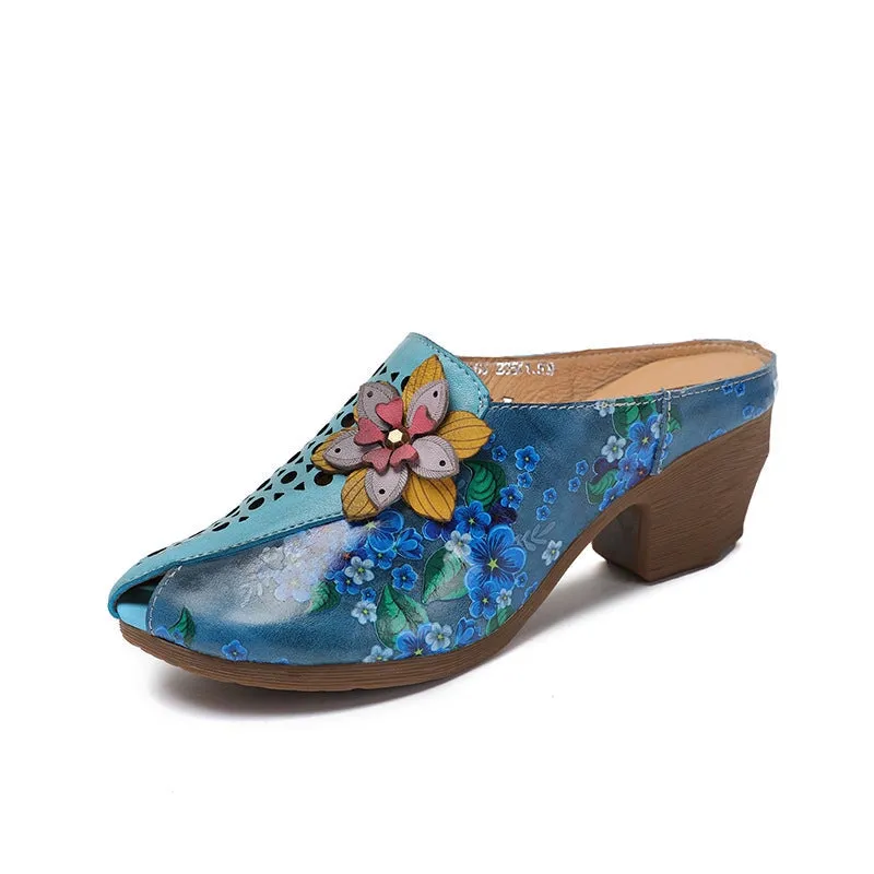 Retro Style Printing Leather Round Toe Mules For Women Block Heel in Camel/Blue