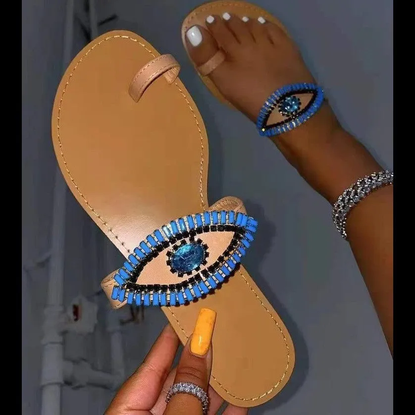 Rhinestone Eyes Flat Round Toe Flip-flop Sandals And Slippers Women