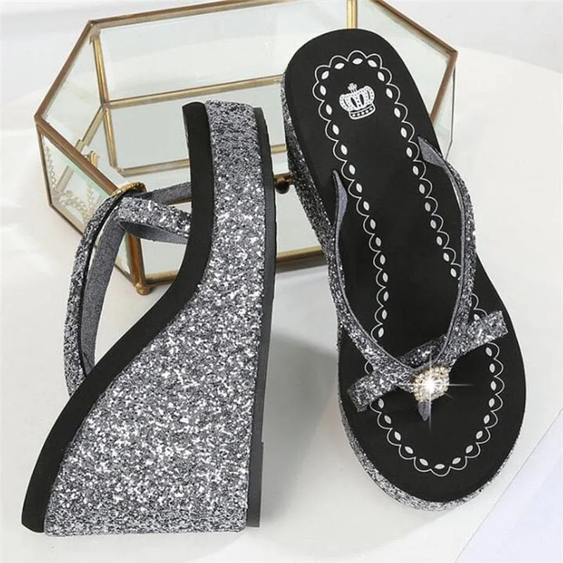 Rhinestones Sequins Slope With Flip Flops Breathable Shiny Wedges Women Sandals