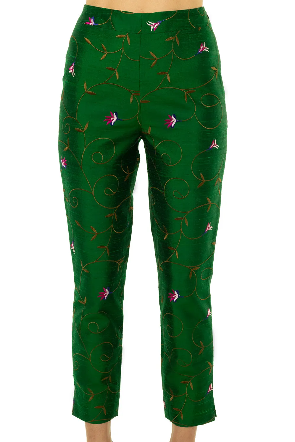 Silk Cigarette Trousers in Emerald Green