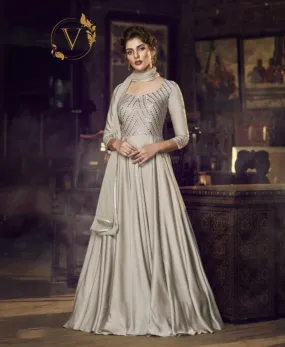 Silver Readymade Mirror Embellished Long Gown With Dupatta