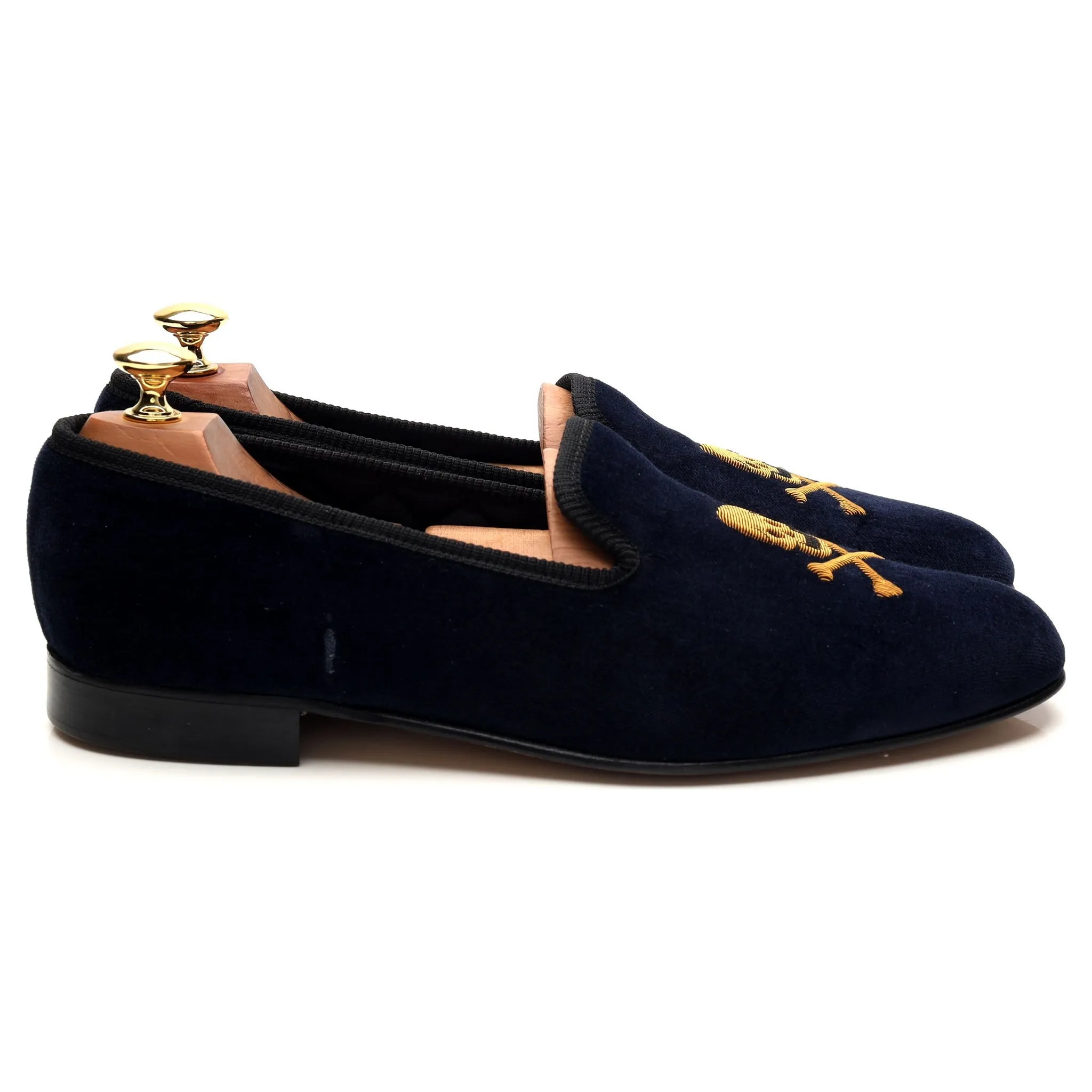 'Skull & Crossbones' Navy Blue Velvet Slippers UK 9.5