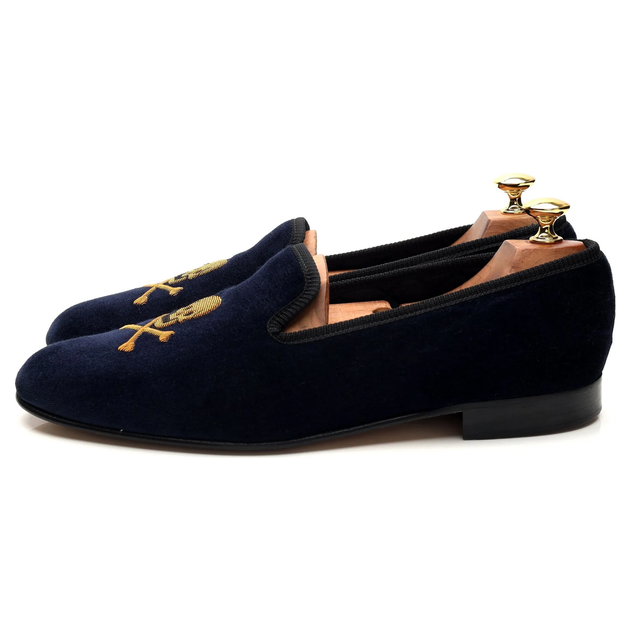 'Skull & Crossbones' Navy Blue Velvet Slippers UK 9.5