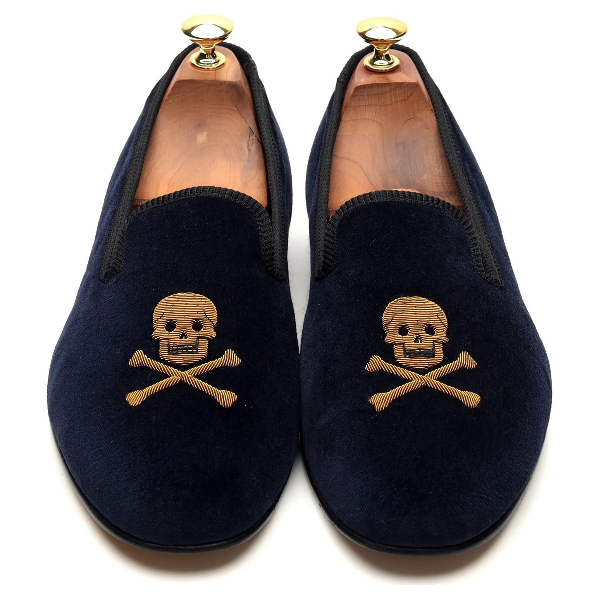 'Skull & Crossbones' Navy Blue Velvet Slippers UK 9.5