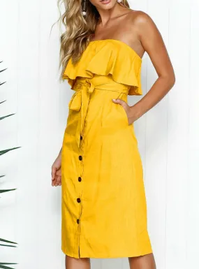 Strapless Ruffles Buttons Yellow Midi Ladies Elegant Party Dresses