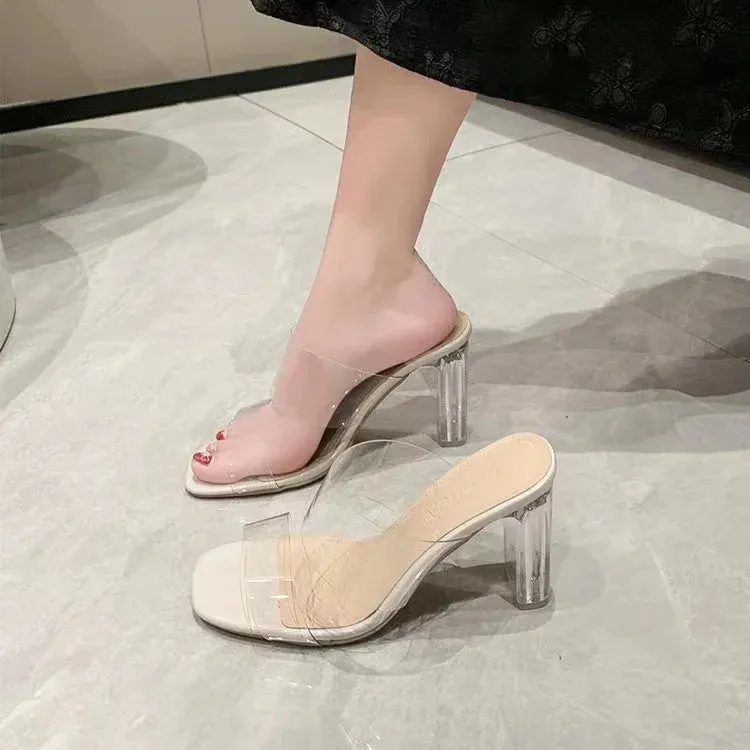 Summer High Heels Women Shoes Fashion Transparent Heels Sexy Hollow Breathable Slippers Square Toe Female Clear Heels Slides