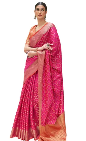 SWORNOF Women's Patola Silk Saree With Unstitched Boluse Piece (RANI)