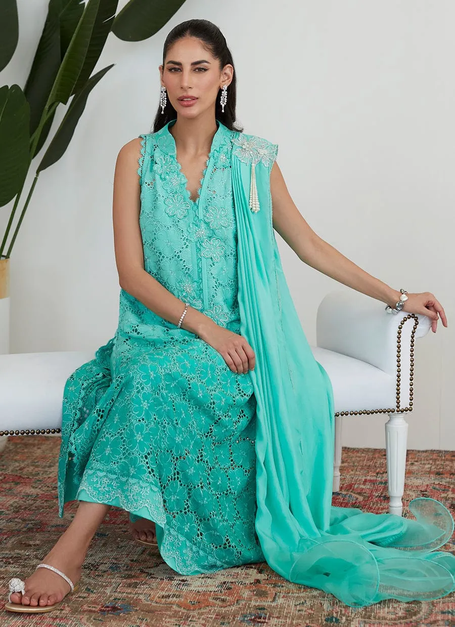 Tara Collection 23 - Tiffany Aqua Silk Cutwork With Pre Draped Dupatta