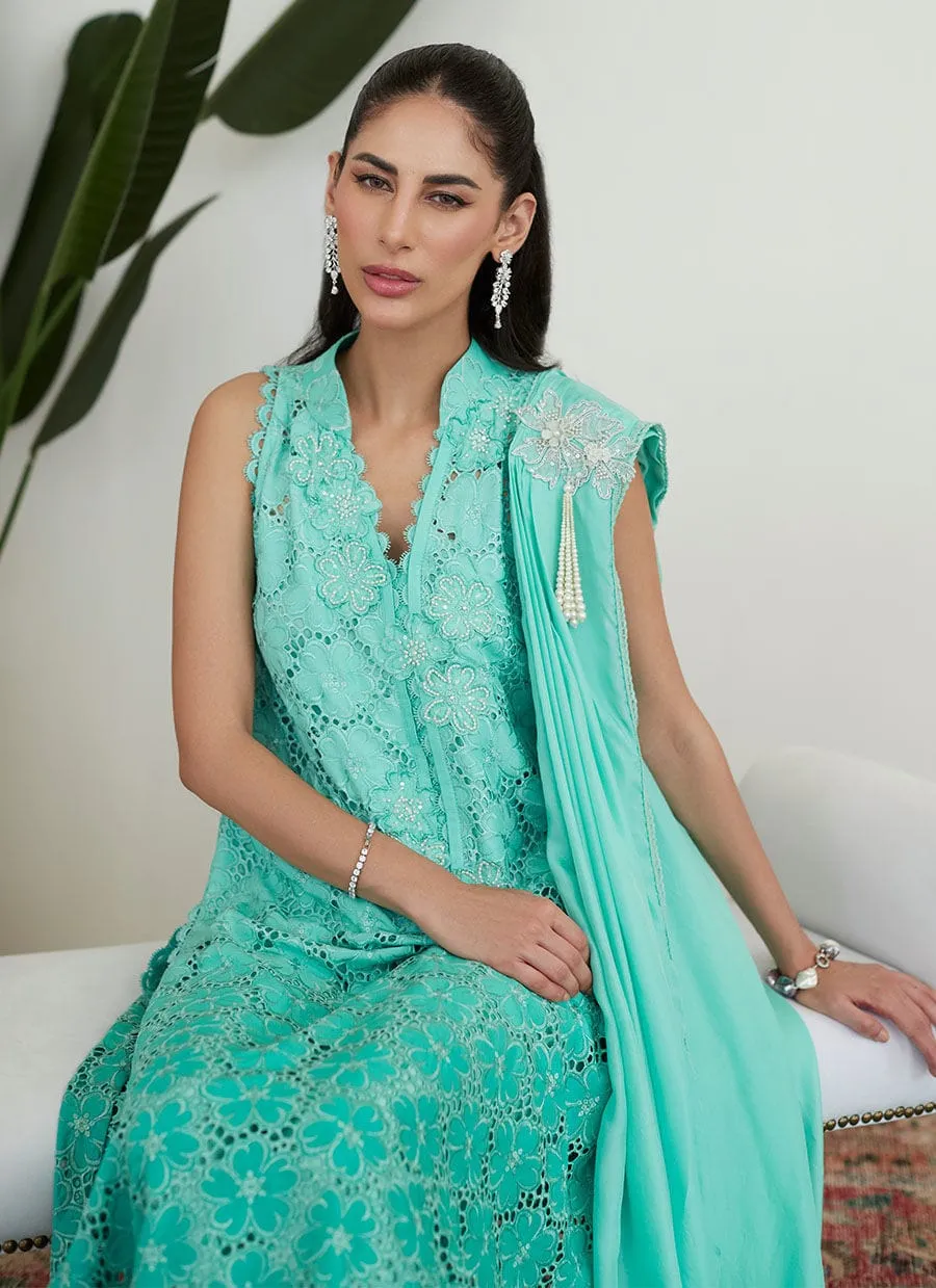 Tara Collection 23 - Tiffany Aqua Silk Cutwork With Pre Draped Dupatta