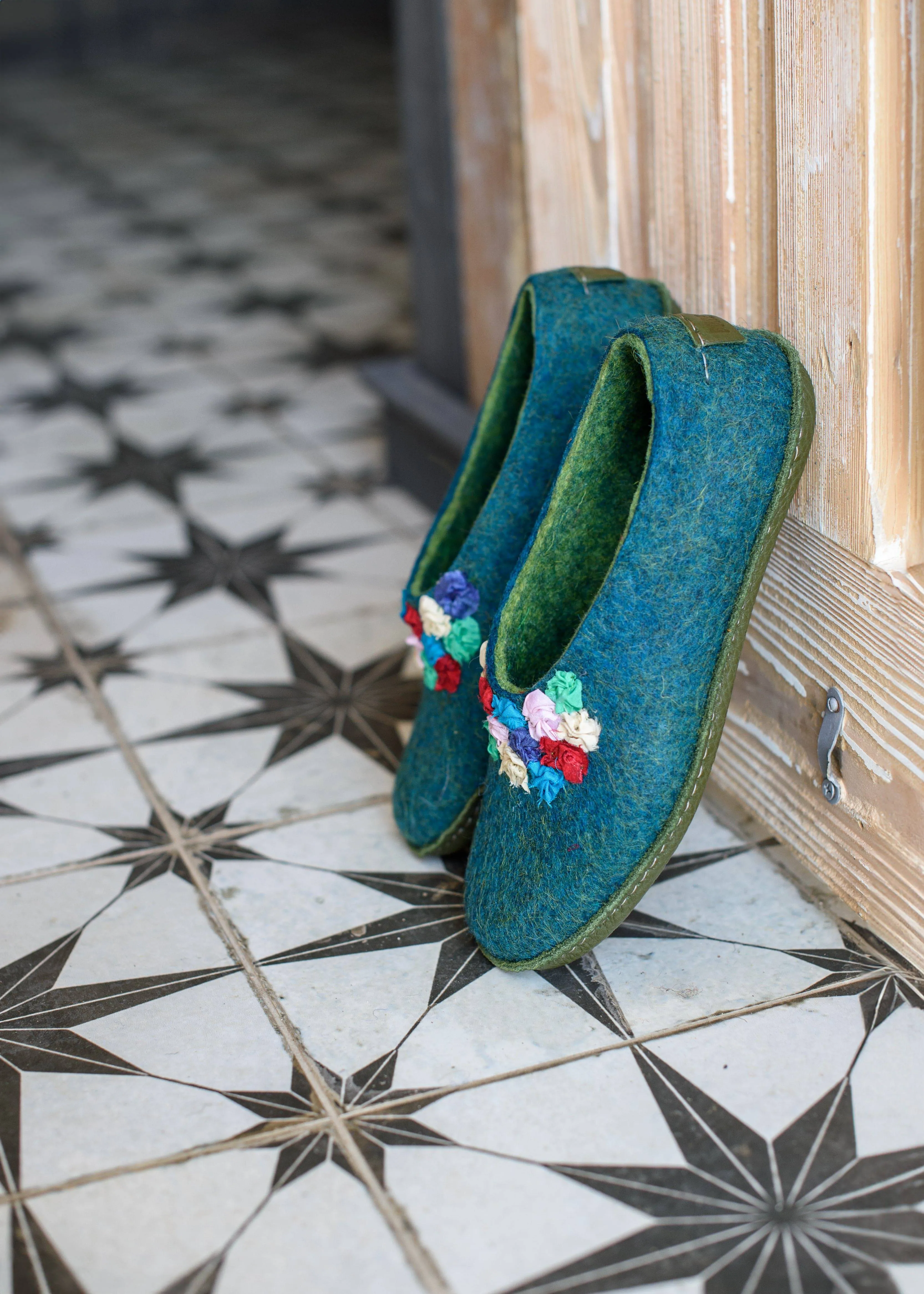 Turquoise/Green SILK - felted wool house slippers for women