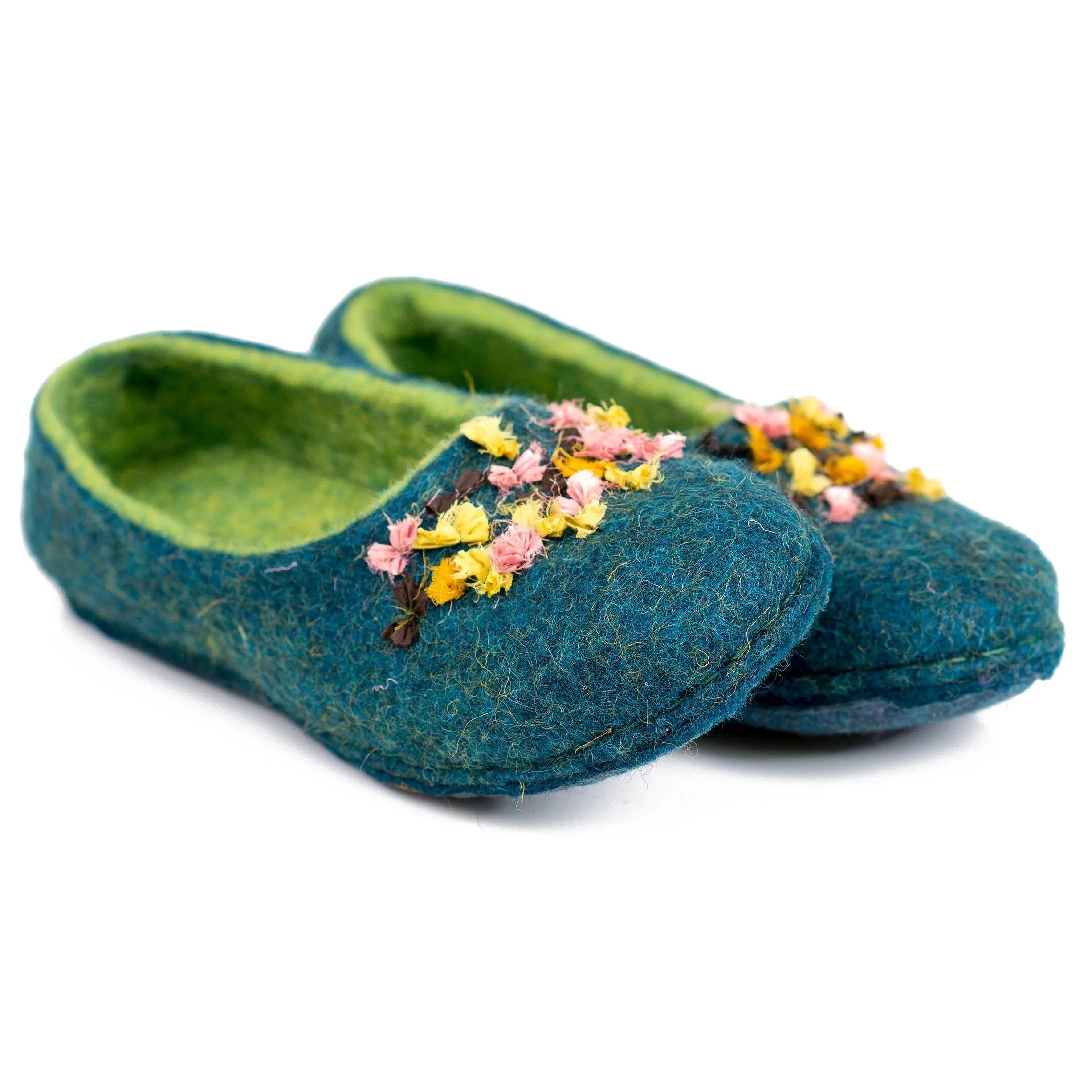 Turquoise/Green SILK - felted wool house slippers for women