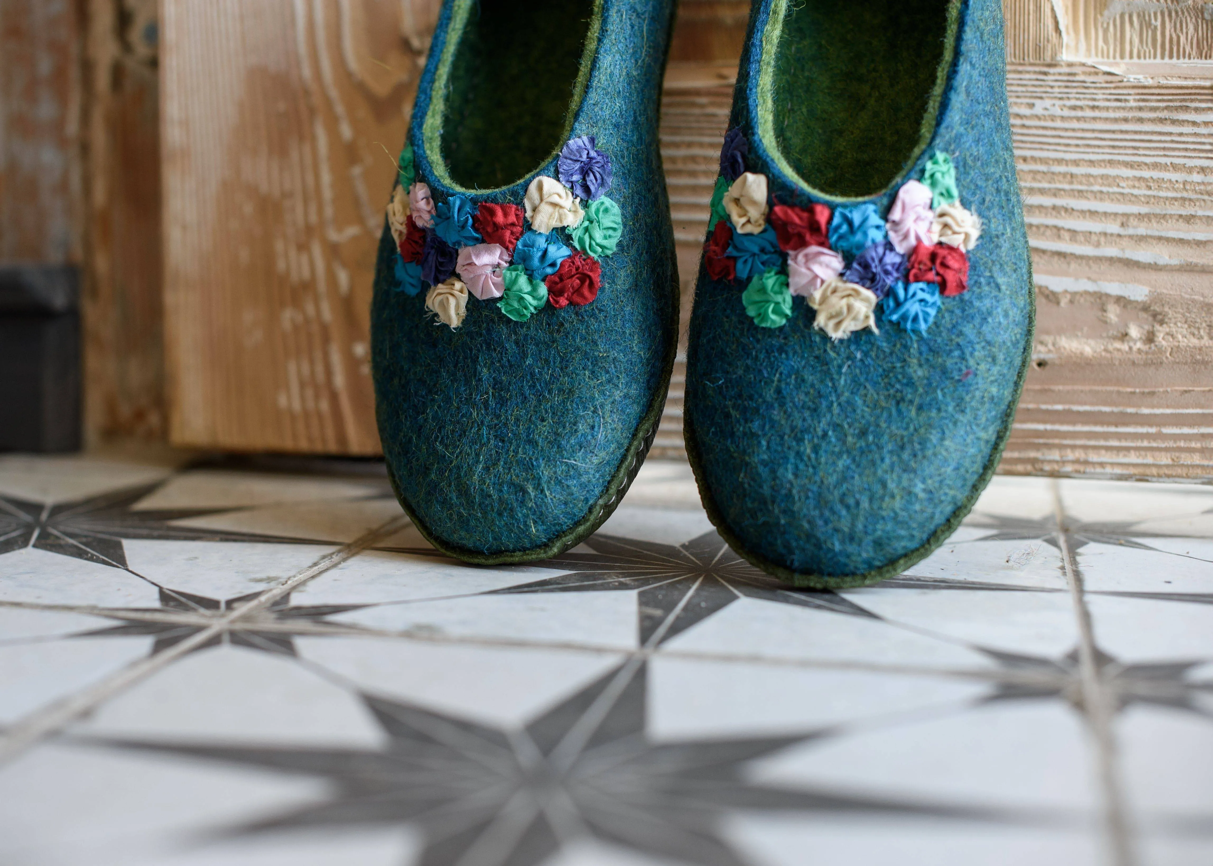 Turquoise/Green SILK - felted wool house slippers for women