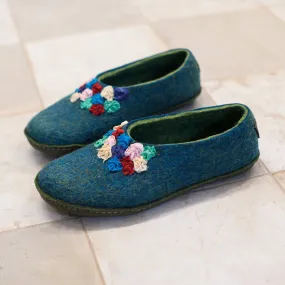 Turquoise/Green SILK - felted wool house slippers for women