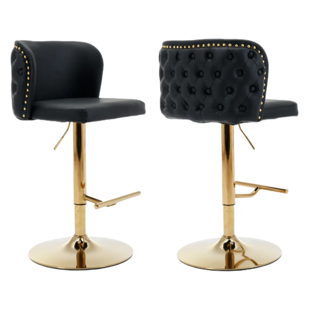 Two Faux Leather Golden Base Swivel Bar Stools- Black