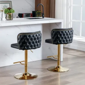 Two Faux Leather Golden Base Swivel Bar Stools- Black