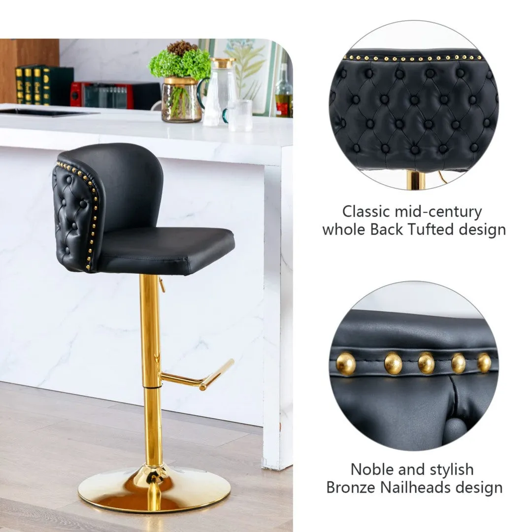 Two Faux Leather Golden Base Swivel Bar Stools- Black