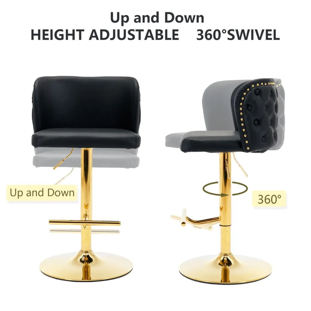 Two Faux Leather Golden Base Swivel Bar Stools- Black