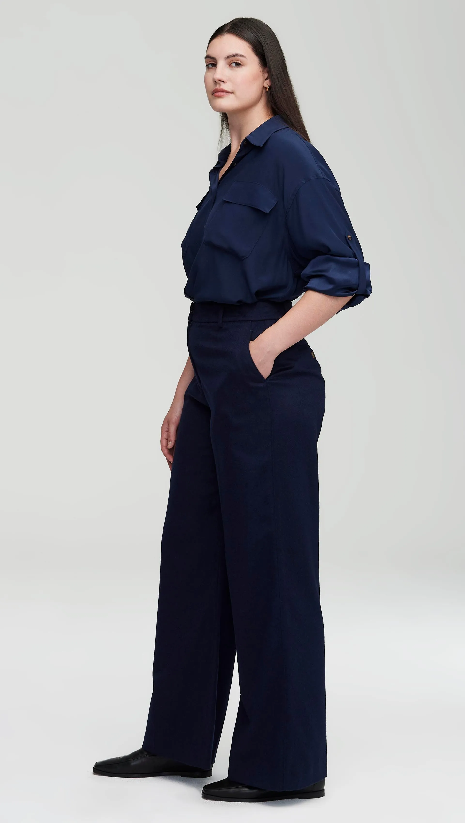 Utility Shirt in Matte-side Silk Charmeuse | Navy