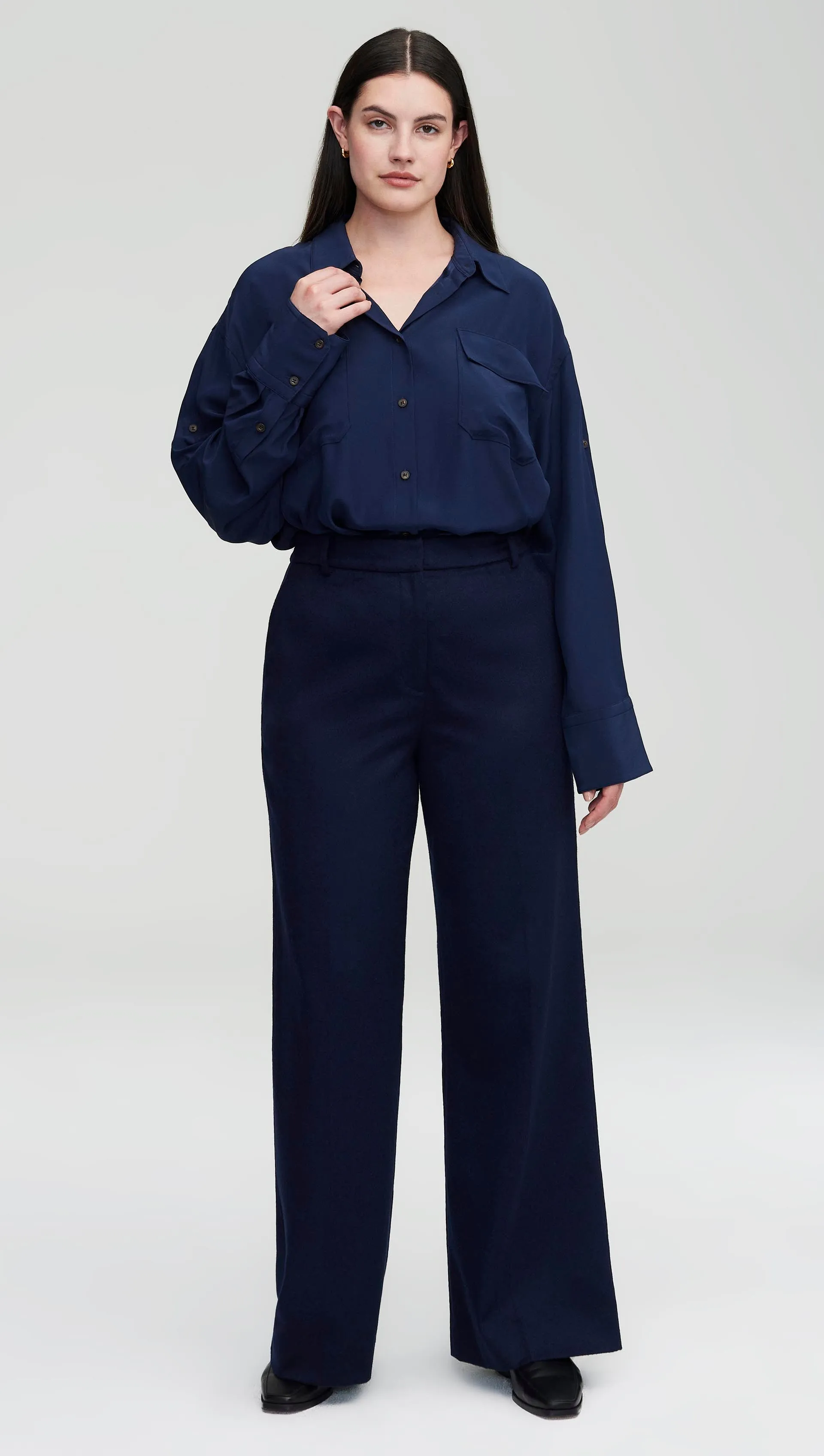 Utility Shirt in Matte-side Silk Charmeuse | Navy