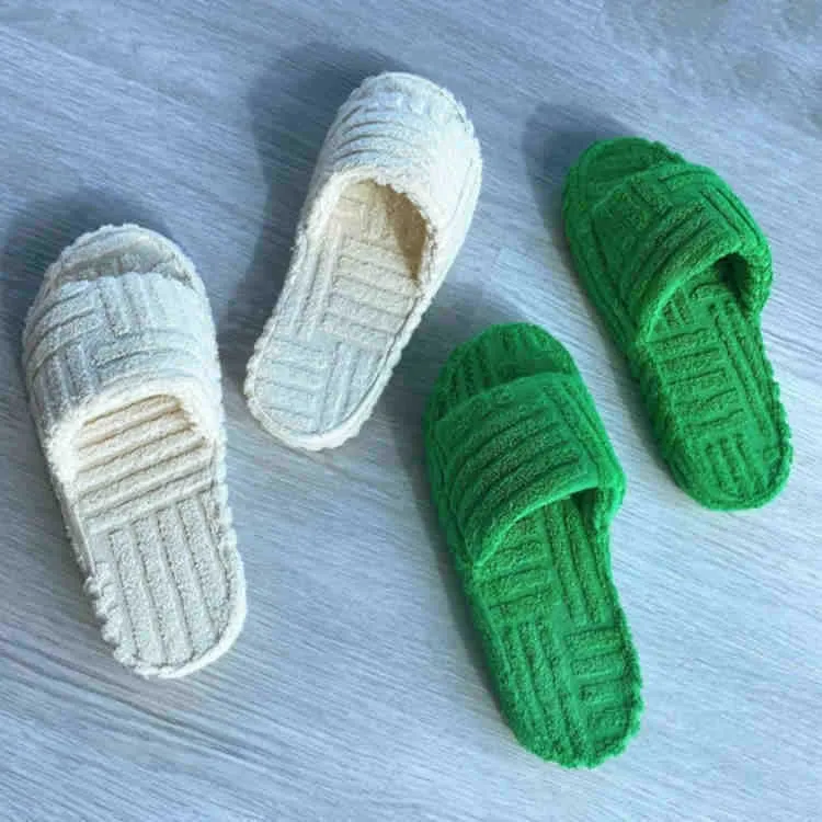 Wholesale New Embossed Towel Cotton Slippers Plus Size One Word Thick Bottom Warm Woolen Slippers Women