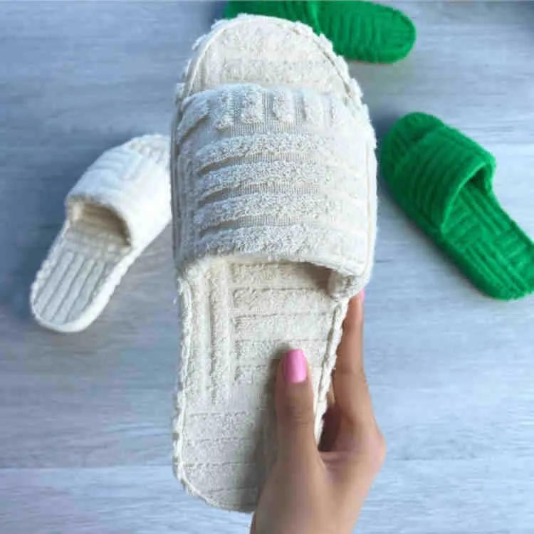 Wholesale New Embossed Towel Cotton Slippers Plus Size One Word Thick Bottom Warm Woolen Slippers Women