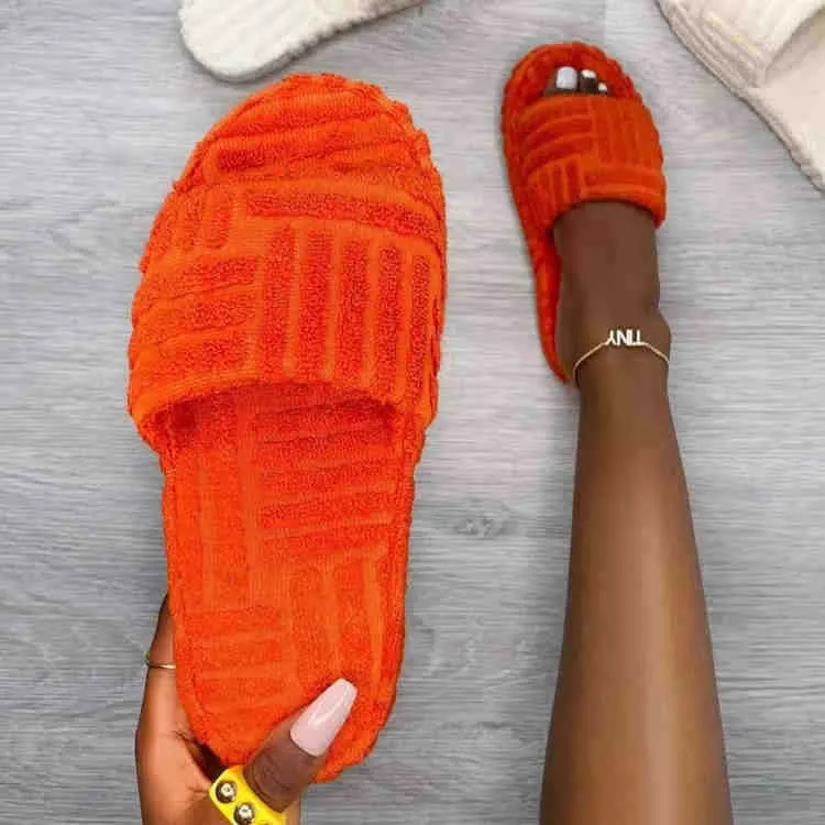 Wholesale New Embossed Towel Cotton Slippers Plus Size One Word Thick Bottom Warm Woolen Slippers Women