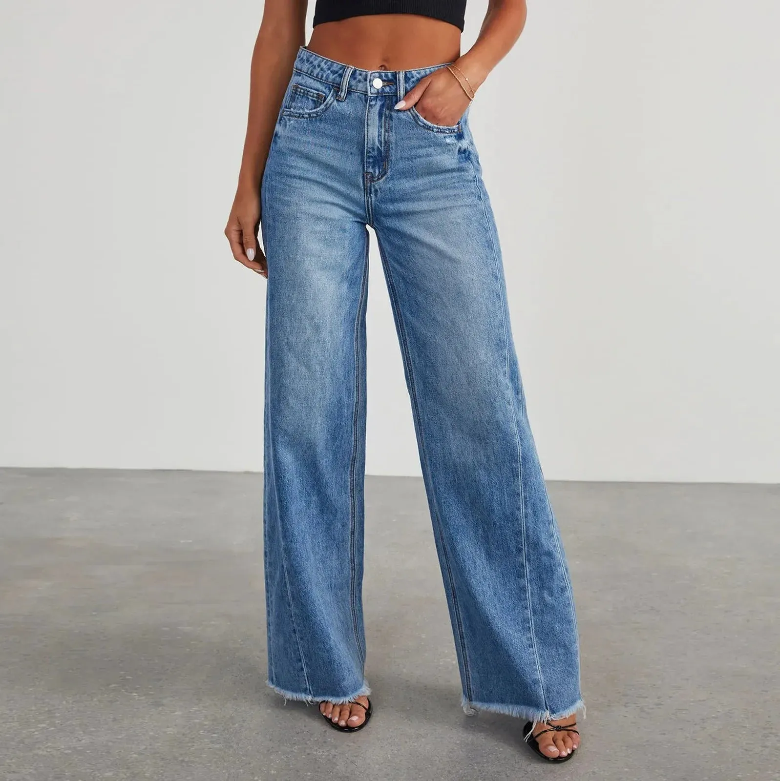 Wjczt Women Mid Waist Jeans Harajuku Streetwear Retro Fashion Autumn Loose Wide Leg Straight Loose Denim Trousers Y2k Baggy Pants