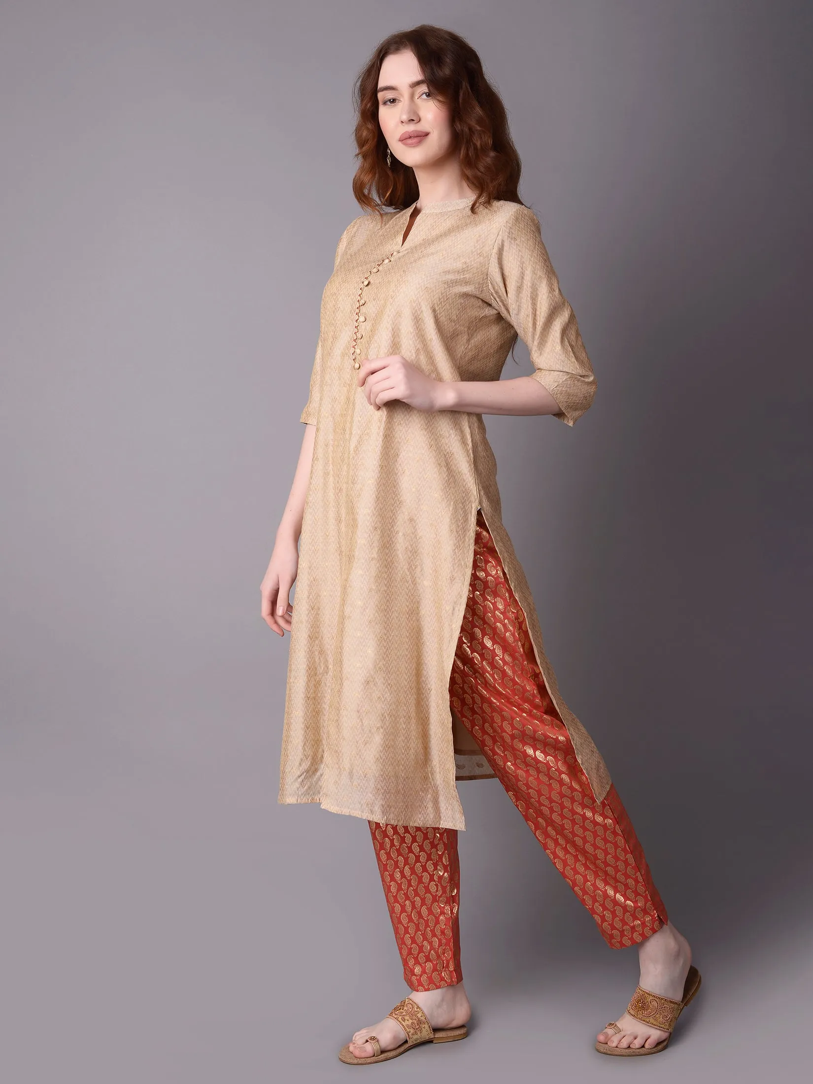 Women Beige Ornamental Printed Kurta Trouser Dupatta