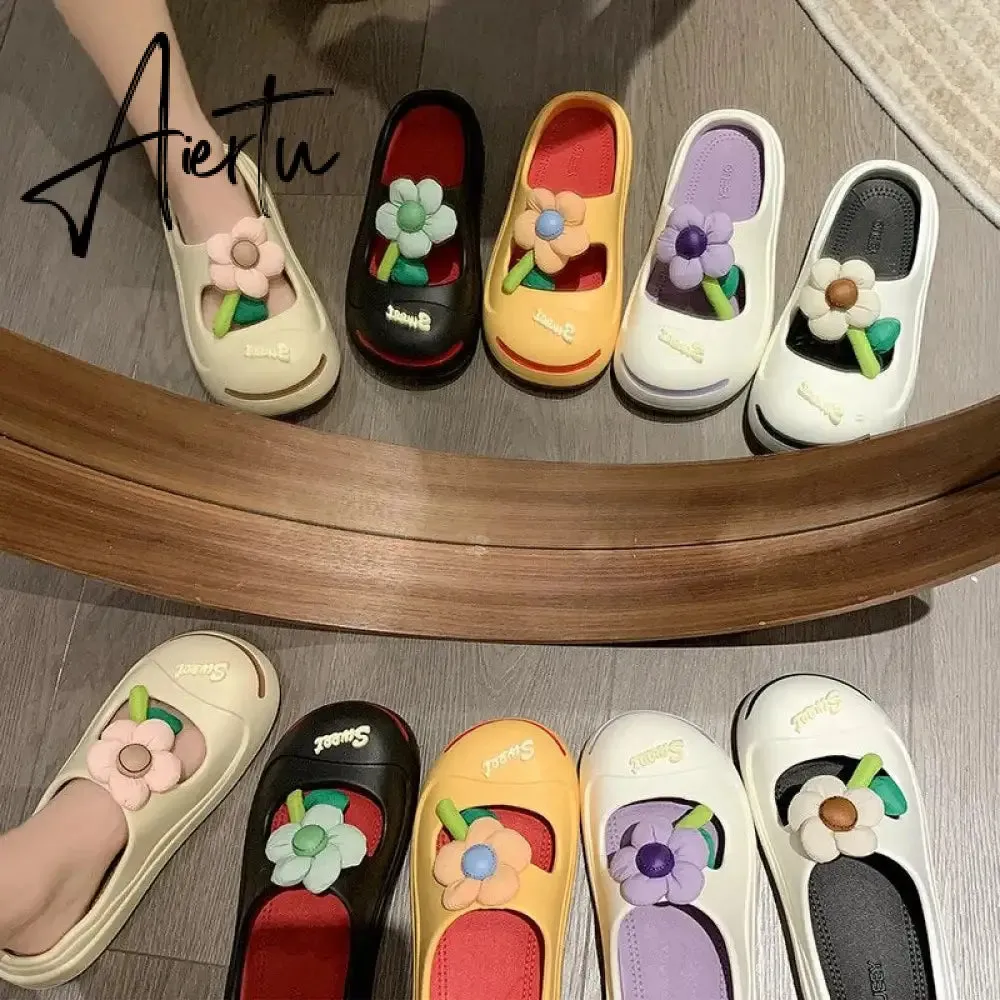 Women Candy Color Flower New Slippers Summer Thick Sole Outdoor Cute Hollow Breathable Fashion Leisure Shoes Women Slippers