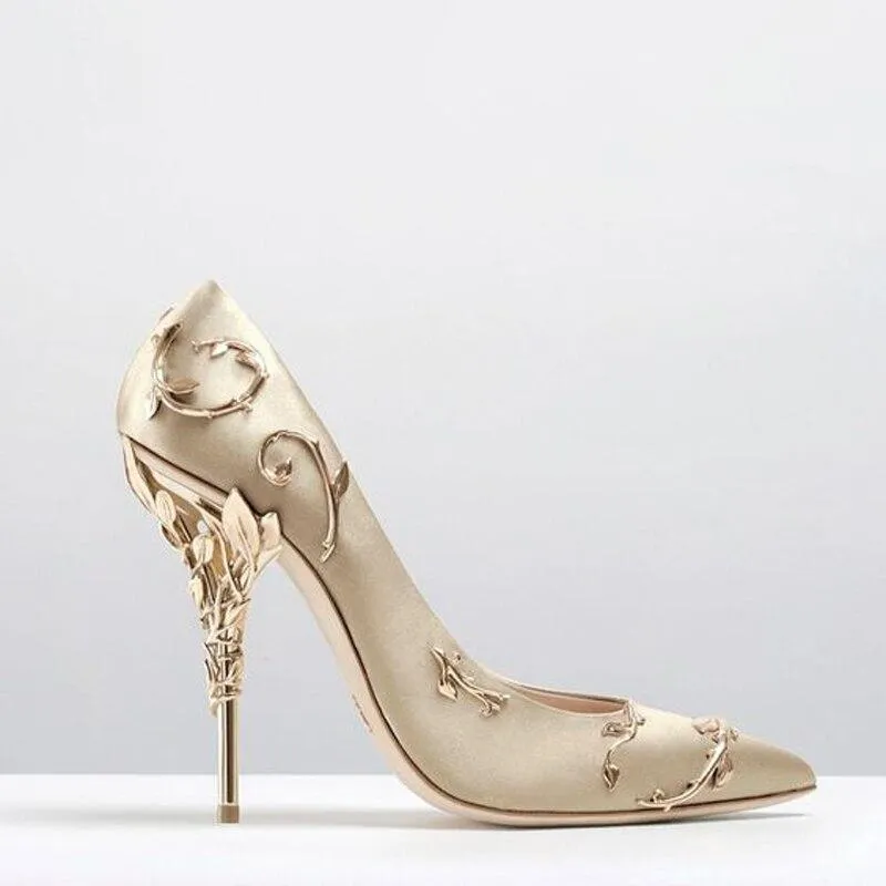 Women Flower Heel Wedding Shoes Elegant Silk High Heels Pumps