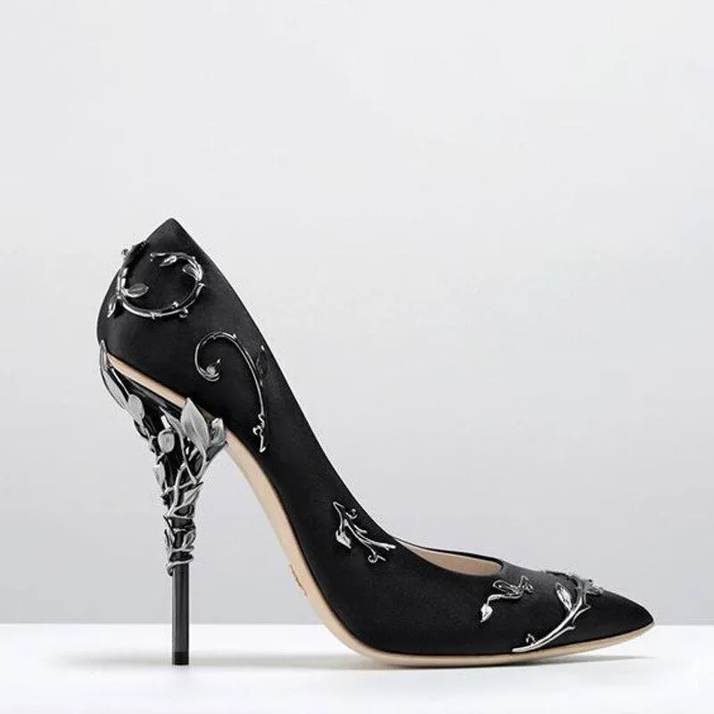 Women Flower Heel Wedding Shoes Elegant Silk High Heels Pumps