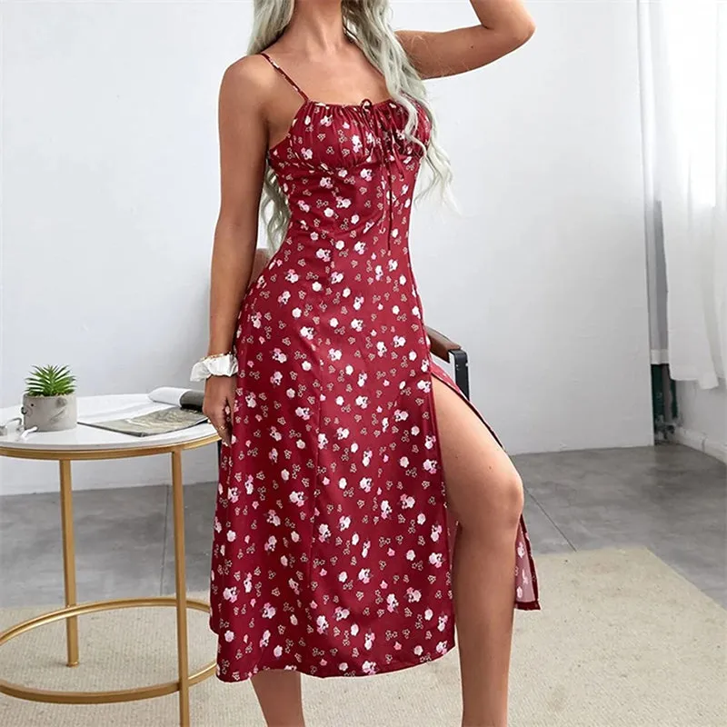 Women's Floral Commuter Elegant Dress Spaghetti Strap Pleated Beach Dress