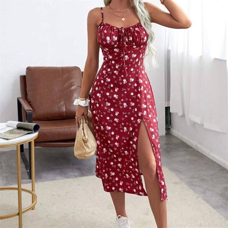 Women's Floral Commuter Elegant Dress Spaghetti Strap Pleated Beach Dress