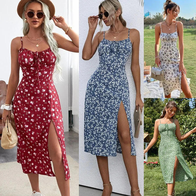 Women's Floral Commuter Elegant Dress Spaghetti Strap Pleated Beach Dress