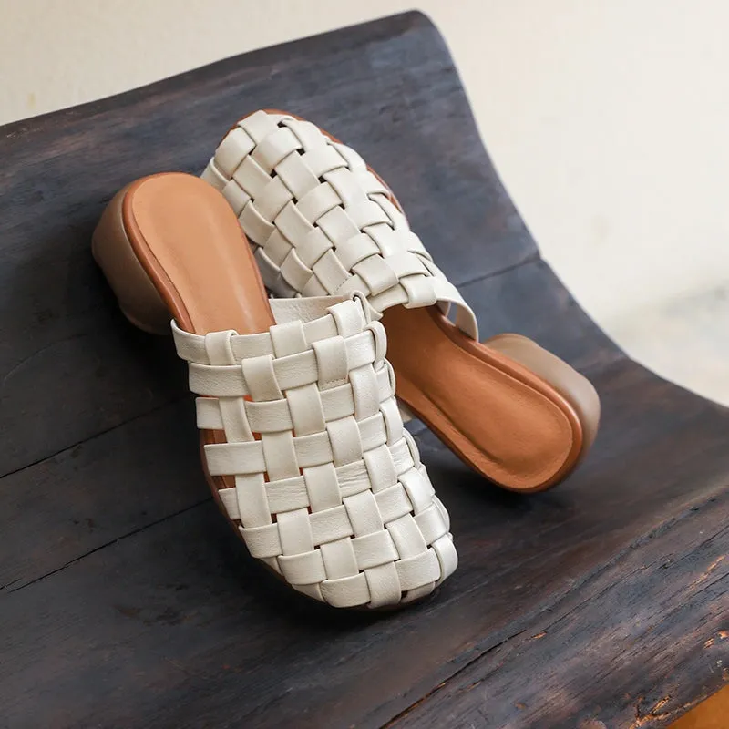 Woven Leather Slippers Block Heel Mules For Women Summer Slippers Handmade