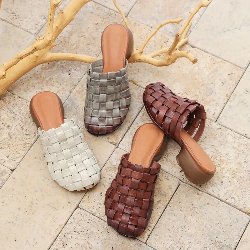 Woven Leather Slippers Block Heel Mules For Women Summer Slippers Handmade